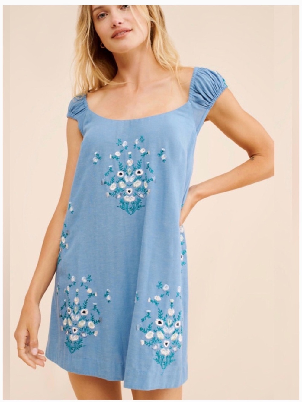 Free People Cap-Sleeve Blue Floral Embroidered Mini Dress - Picture 9 of 10